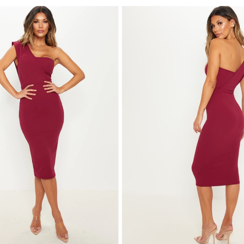 Burgundy one shoulder draped midi dress